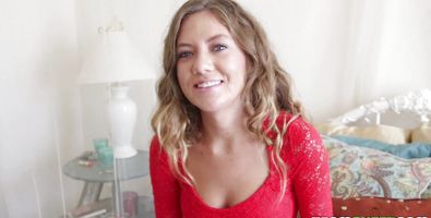 Mesmerizing blonde gal Kendall with massive natural tits is a bit nervous while making her first porn video