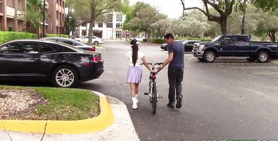 Mischievous Emily Mena with big natural tits strips and bends over to be fucked